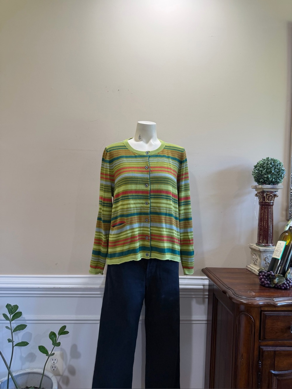 Gudrum Sjoden Striped Green Lightweight Button-Front Sweater